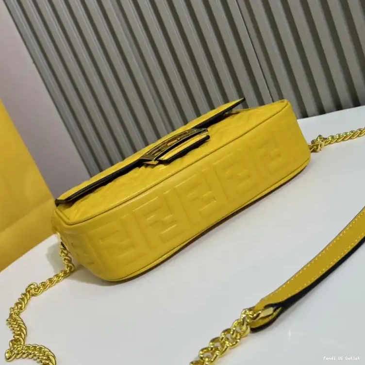 Affordable HOT Midi Motif In Leather Nappa FF Bag Fendi Yellow Chain Baguette 0518